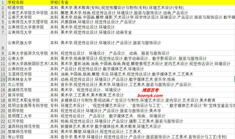 云南省開設(shè)美術(shù)類專業(yè)院校大全