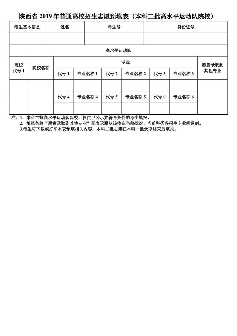 陜西省 2019 年普通高校招生志愿預(yù)填表(本科二批高水平運(yùn)動(dòng)隊(duì)院校)