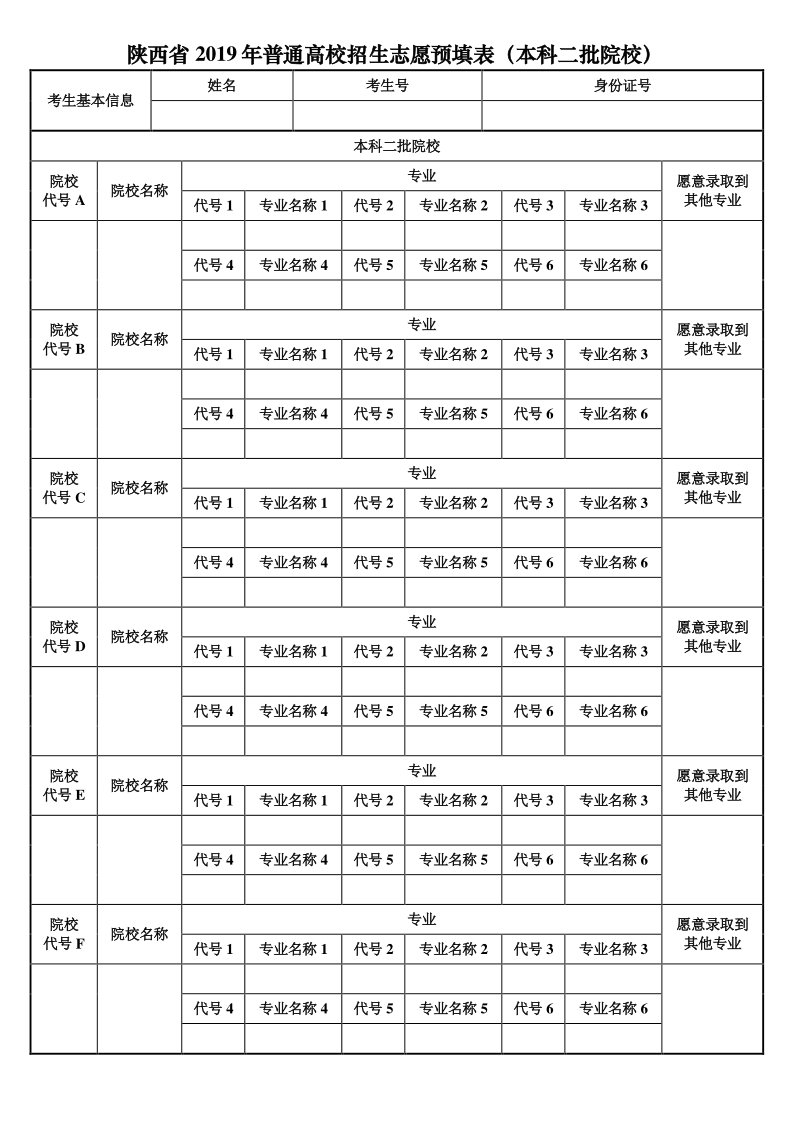 陜西省 2019 年普通高校招生志愿預(yù)填表（本科二批院校）