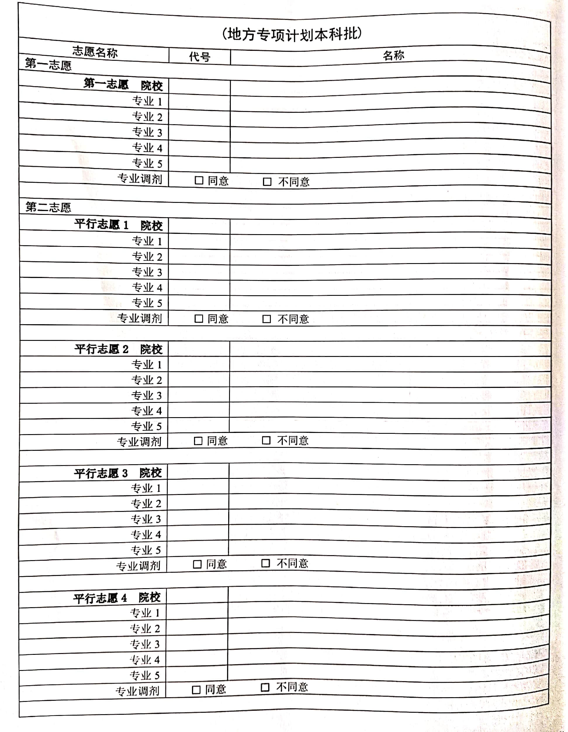 河南地方專項(xiàng)計(jì)劃志愿填報(bào)表/樣表/草表/模擬表/表范本
