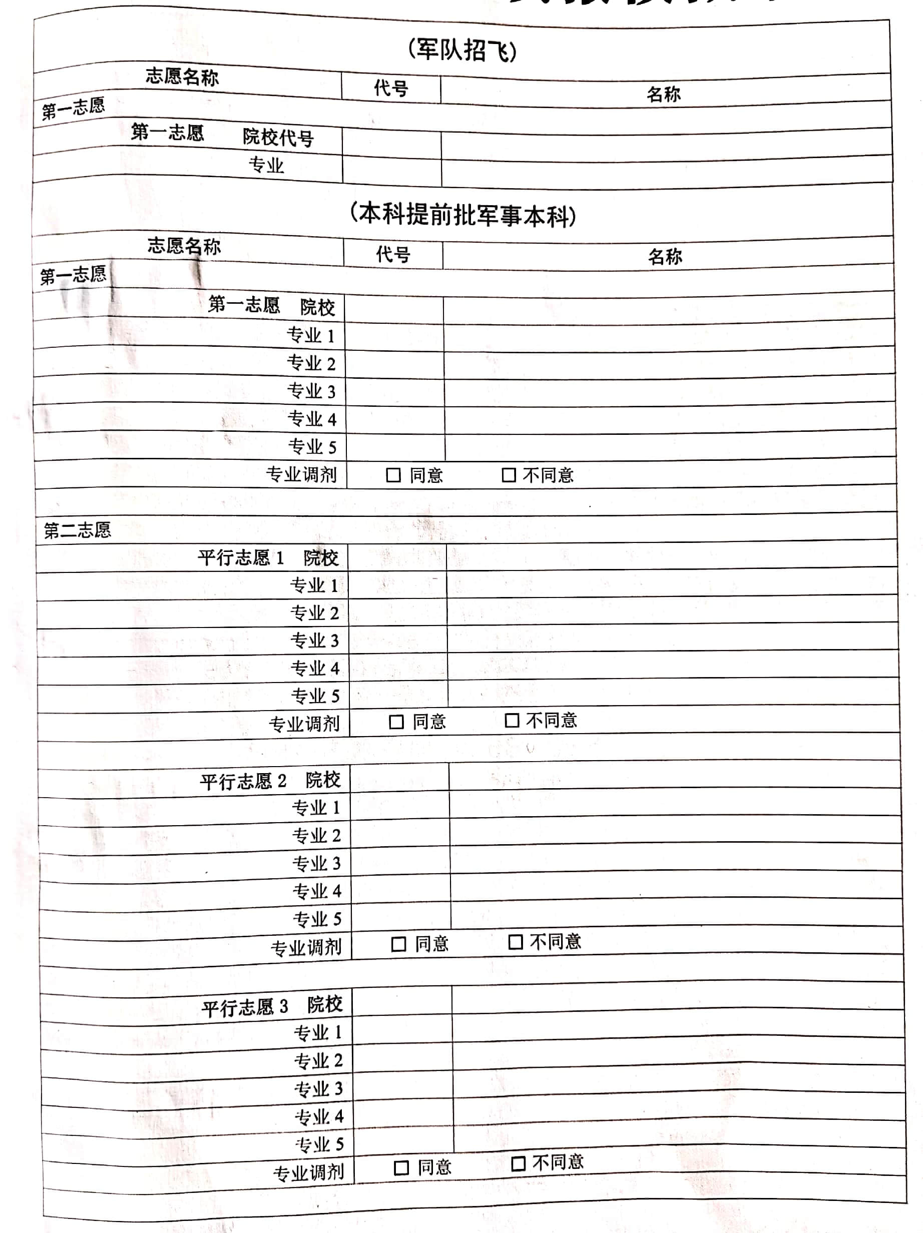 河南高考軍隊(duì)招飛和本科提前批軍事本科志愿填報(bào)表/樣表/草表/模擬表/表范本