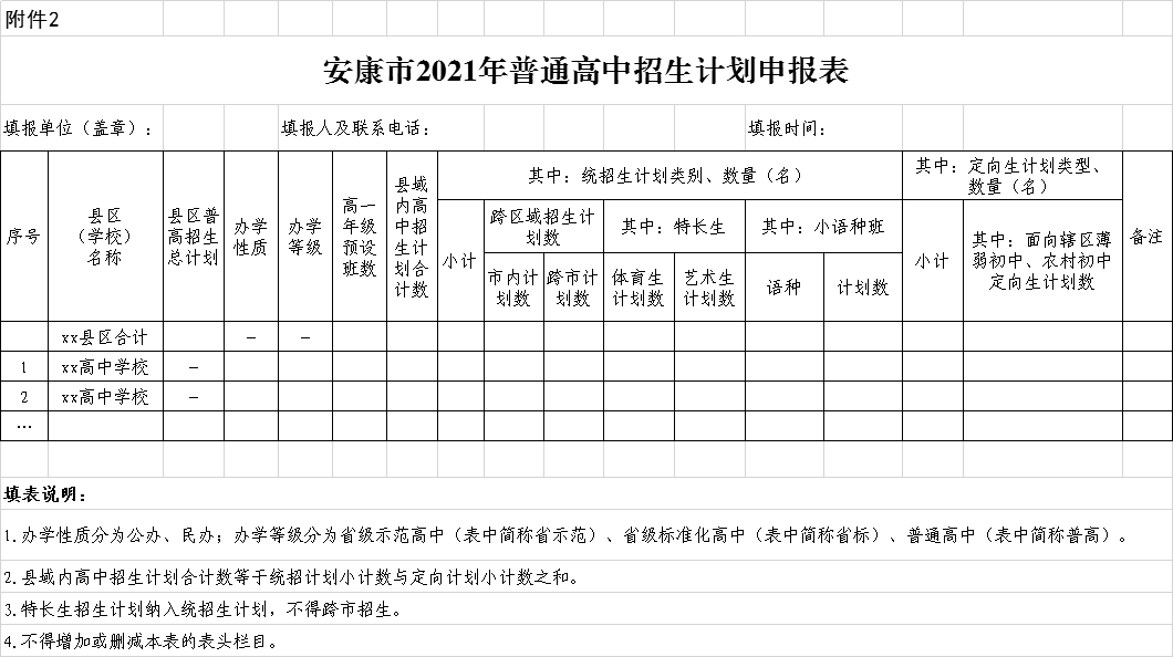 安康市2021年普通高中招生計劃申報表