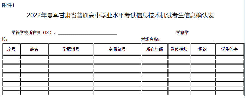 2022年夏季甘肅省普通高中學(xué)業(yè)水平考試信息技術(shù)機試考生信息確認(rèn)表