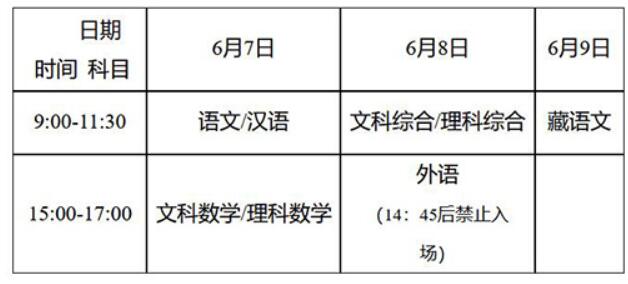 普通高考考試科目時(shí)間